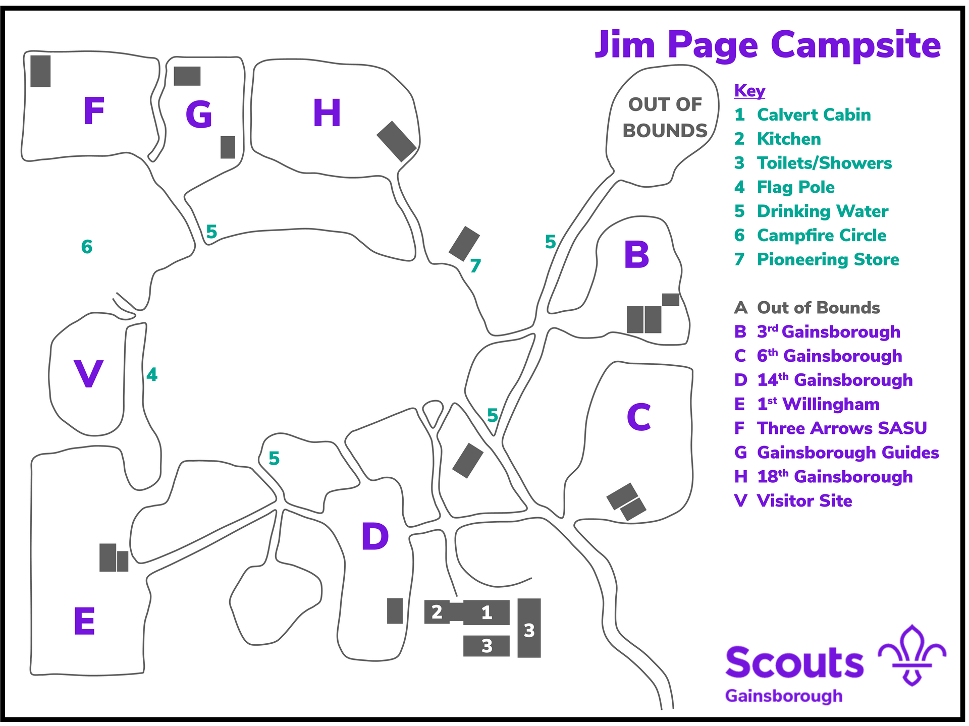 A map of jim page campsite showing the various areas