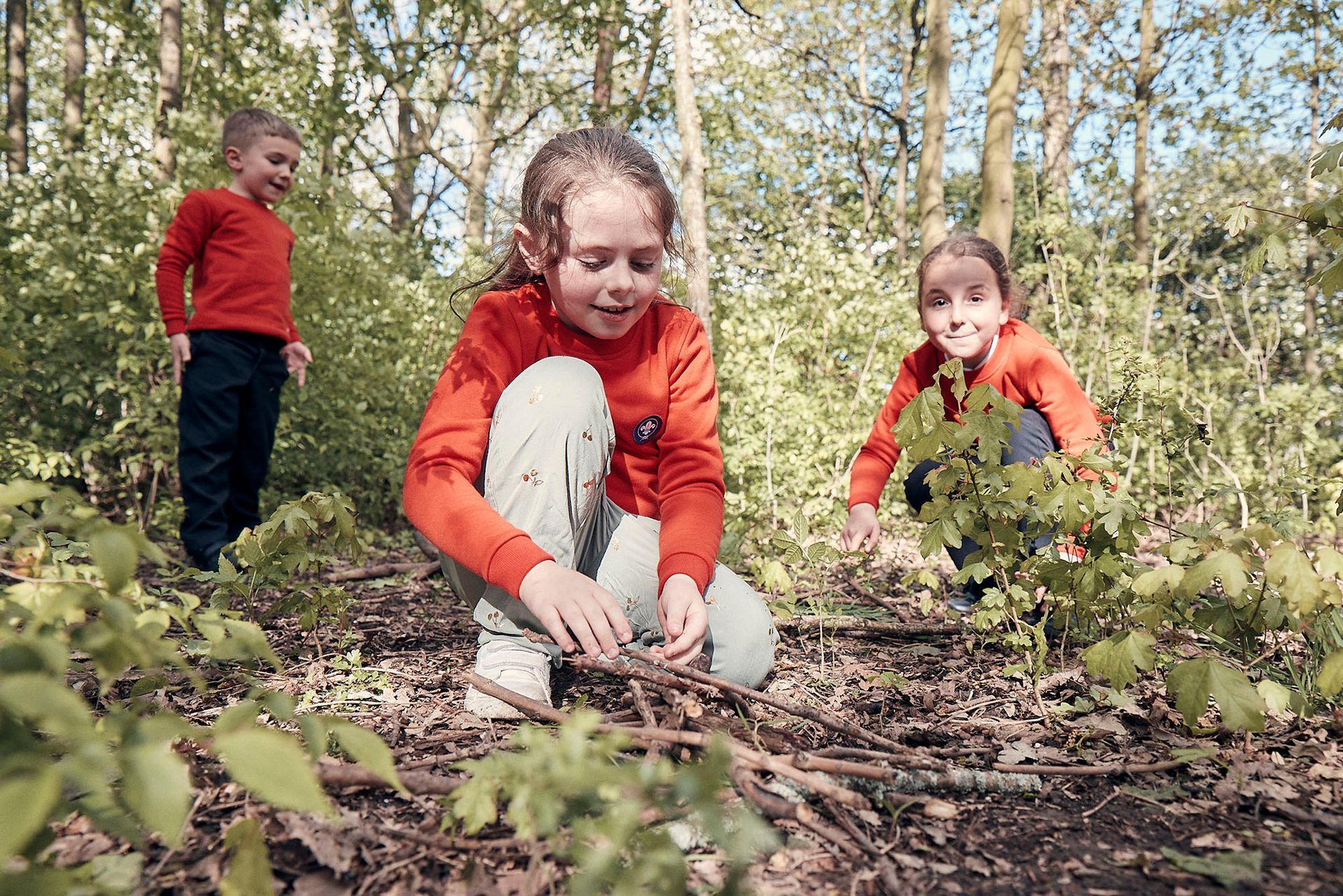 A group of children are playing in the woods.
