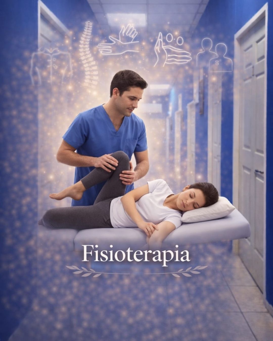 Un fisioterapeuta con uniforme azul realiza un estiramiento de piernas a un paciente que yace en una camilla de tratamiento.