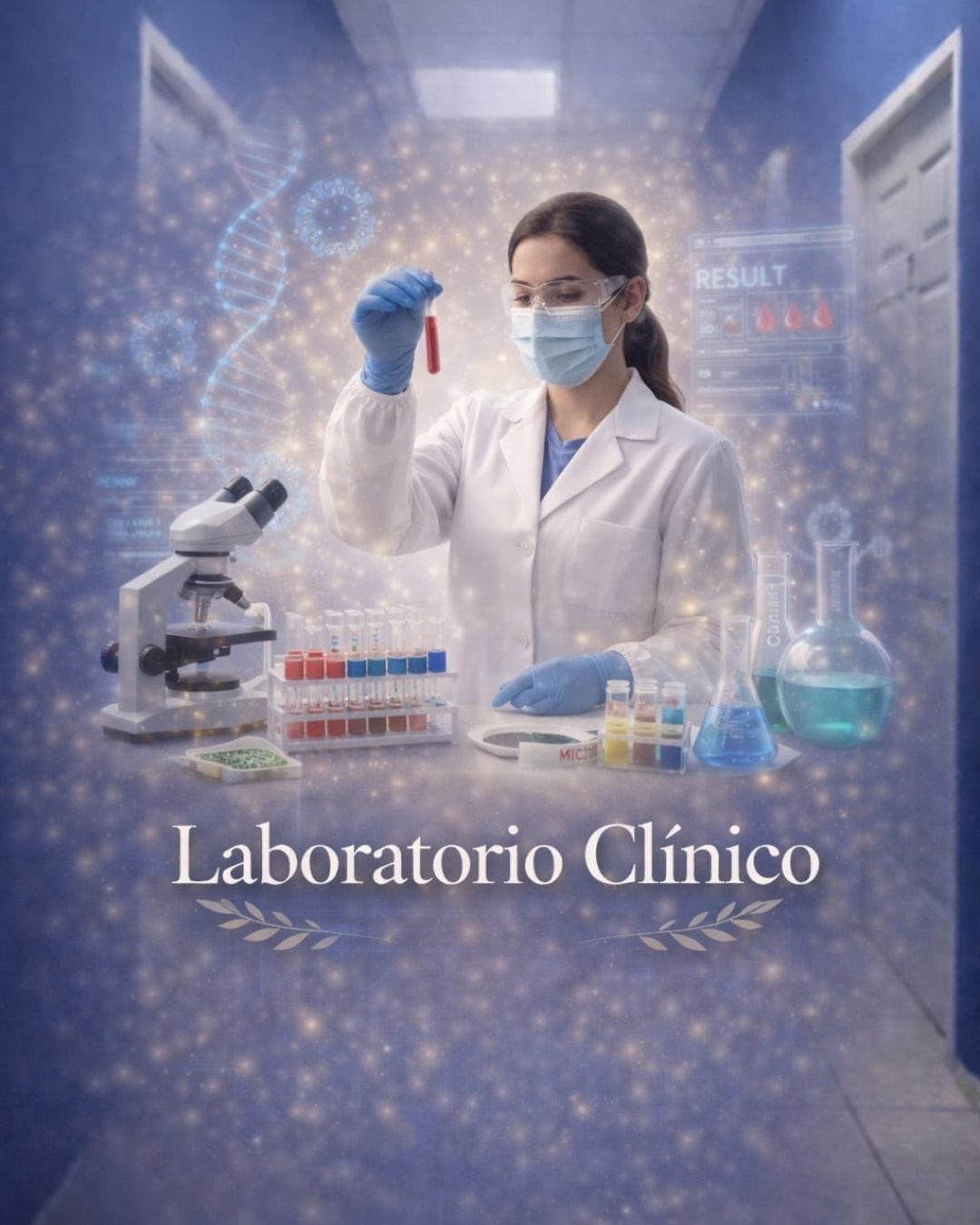 Un técnico de laboratorio con bata blanca, mascarilla y guantes examina una muestra de sangre rodeado de gráficos médicos digitales.