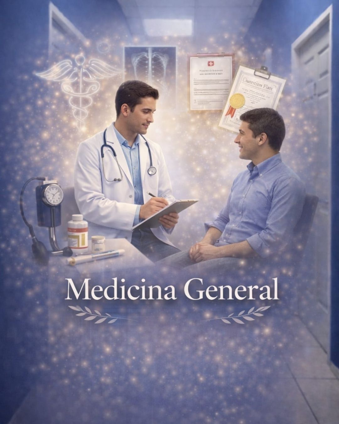 Un médico escribe en un portapapeles mientras consulta con un paciente en un consultorio médico, bajo el texto "Medicina General".