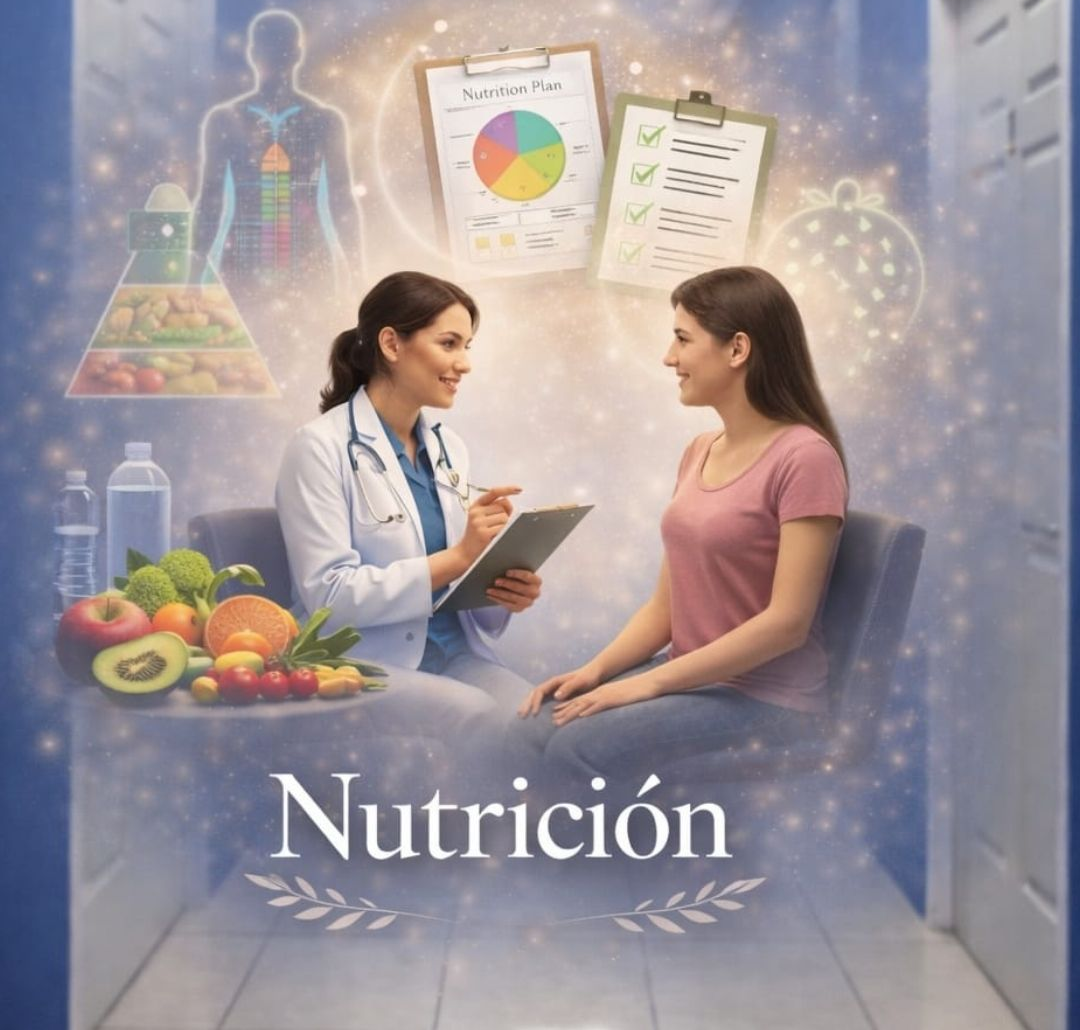 Un profesional sanitario con bata de laboratorio está sentado en un escritorio con un cuenco de fruta y verdura fresca y un portapapeles.