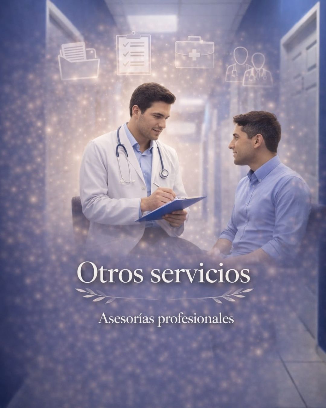 Un profesional sanitario con bata blanca y estetoscopio sostiene un portapapeles en un consultorio médico.