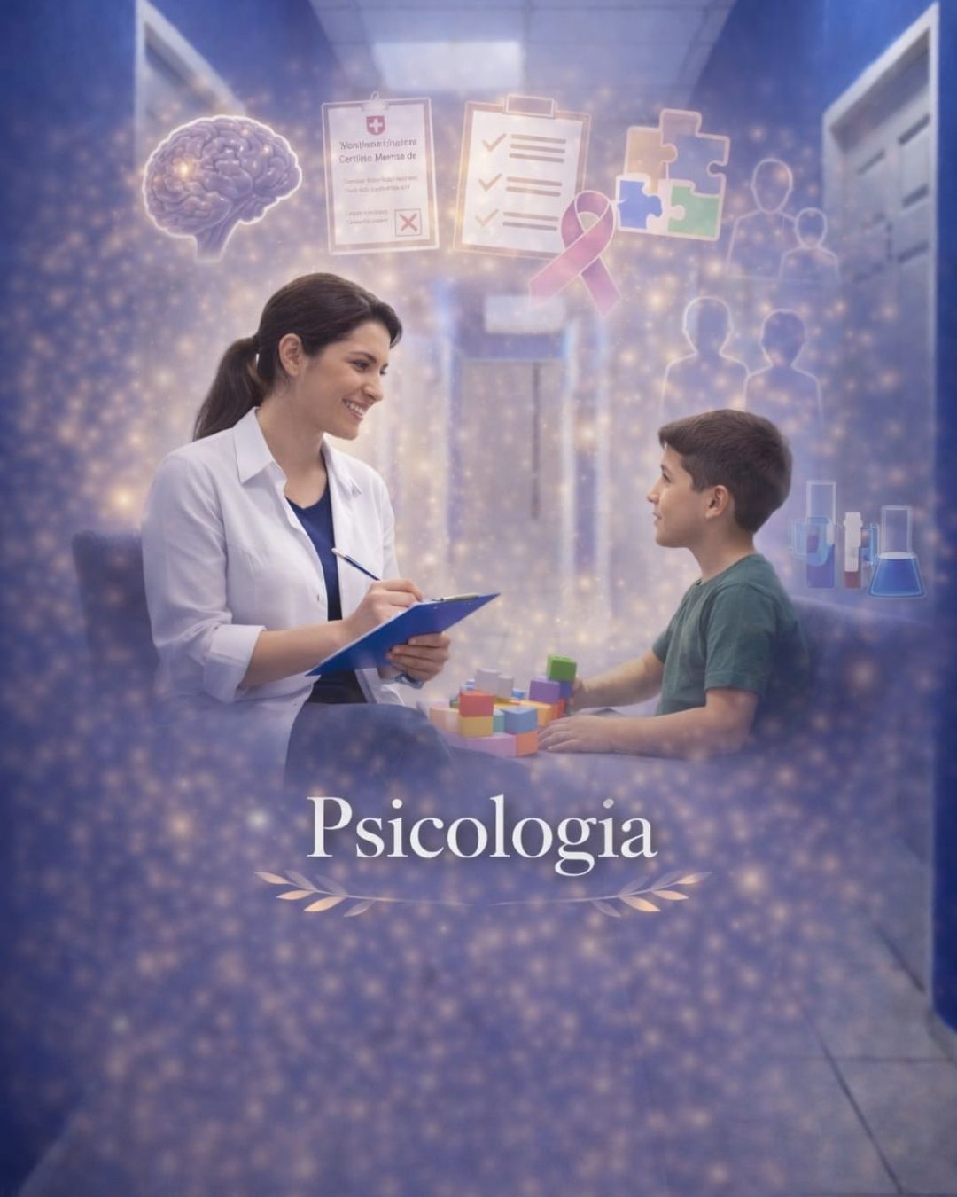 Una psicóloga sonríe mientras toma notas durante una sesión con un niño en una oficina, rodeada de iconos flotantes.