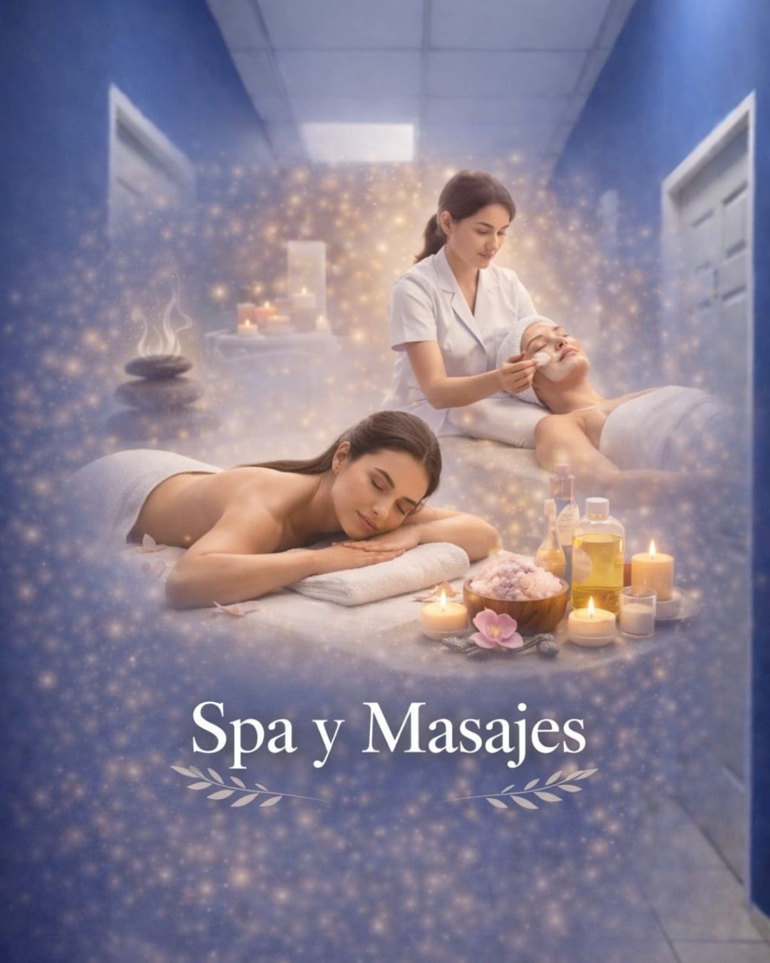 Dos personas con batas blancas yacen tumbadas en camillas de spa mientras reciben masajes faciales del personal en una habitación luminosa y minimalista.