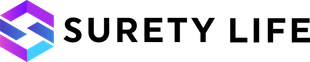 A logo for surety life with a purple and blue square on a white background.