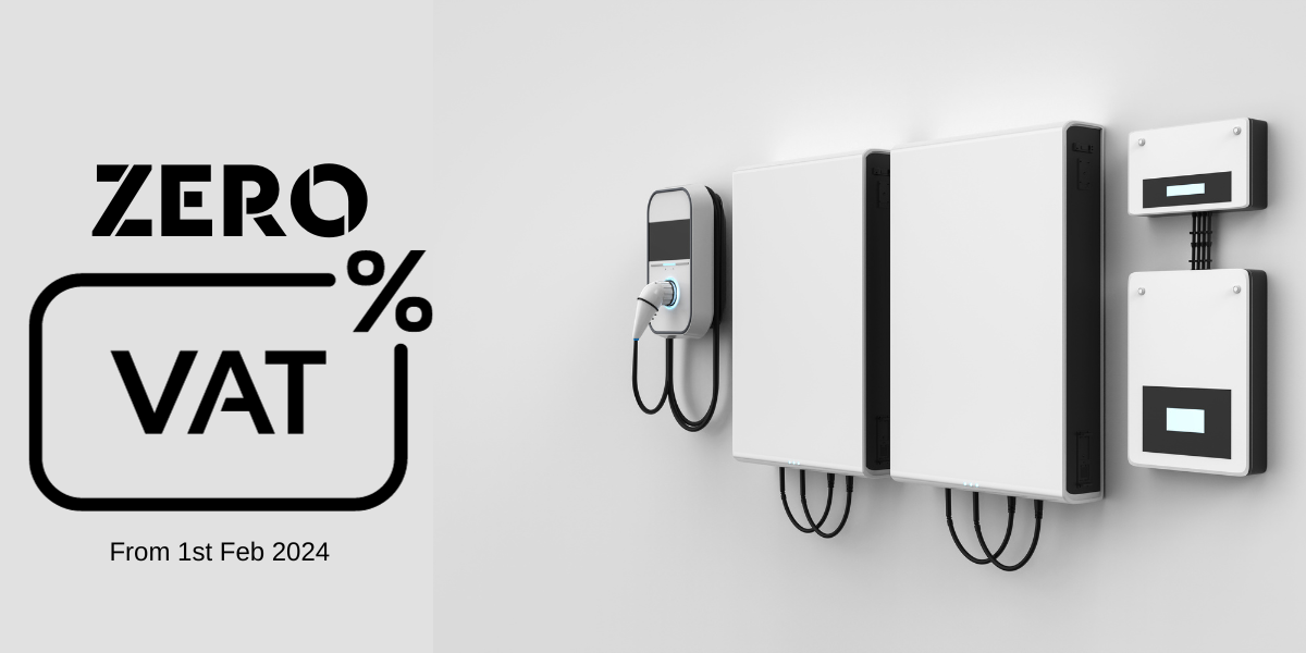 a white wall with a battery storage unit with a sign that says zero vat on it .