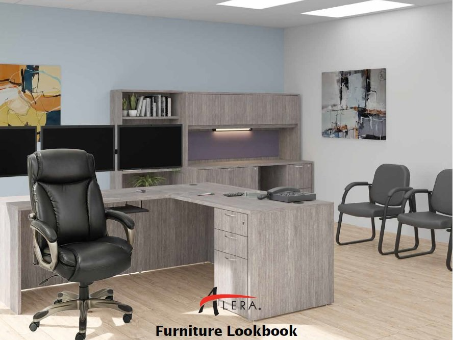 An office with a desk and chairs and a furniture lookbook