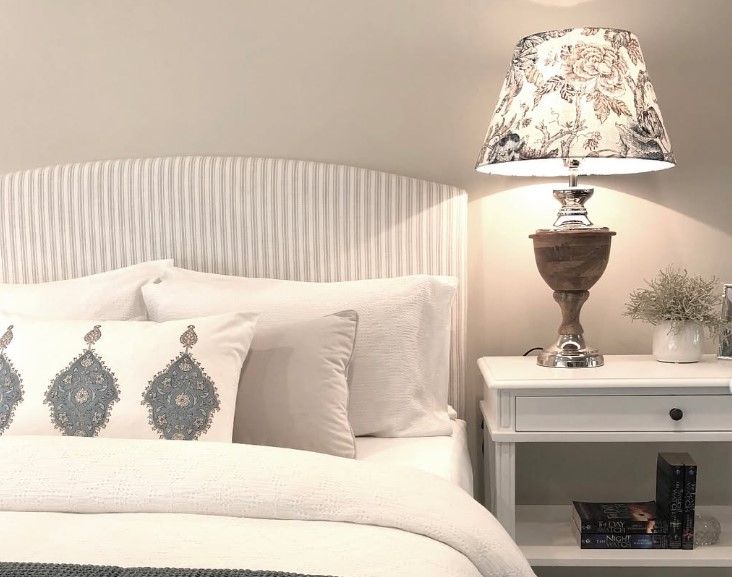 A bedroom with a bed and a lamp on a nightstand