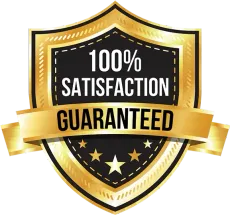 A gold shield with the words 100 % satisfaction guaranteed on it