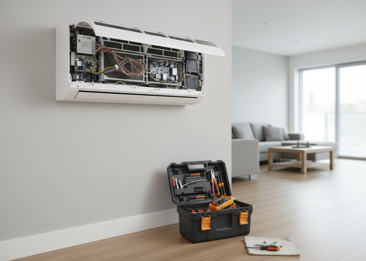 A man is fixing a television in a laundry room.