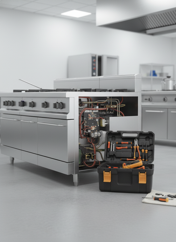 Mechanic fixing exercise equipment, wearing gloves, surrounded by tools, gym setting.