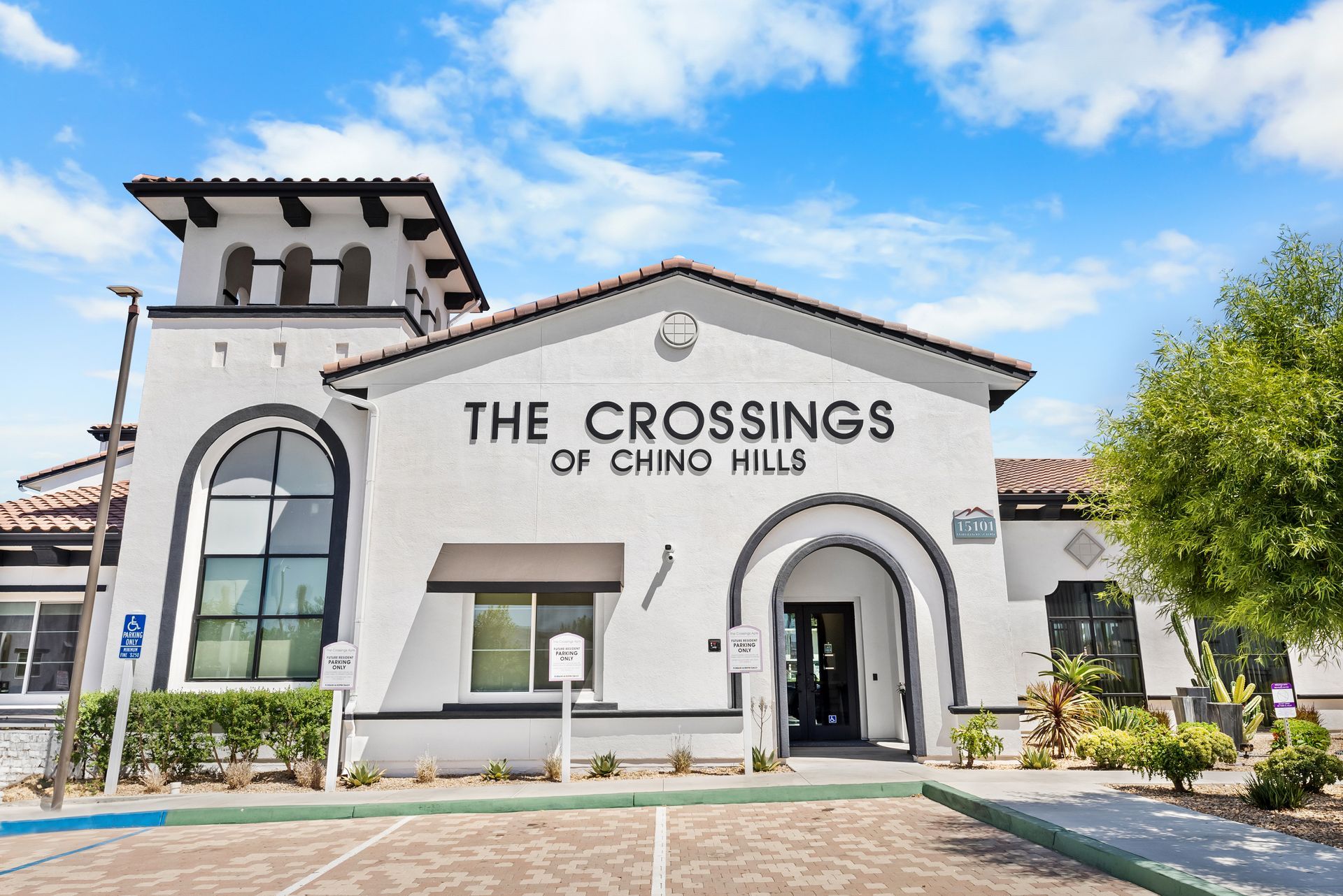 Front of building from straight on with community name