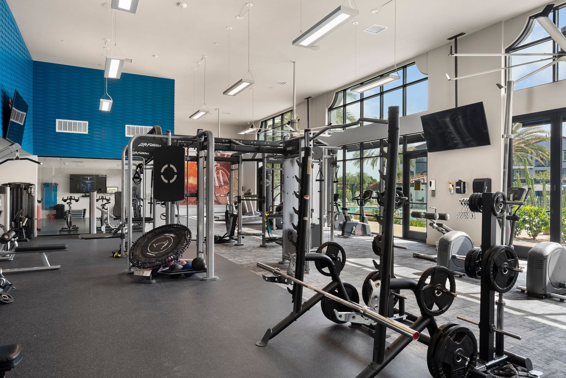 Fitness center with cardio machines and weights