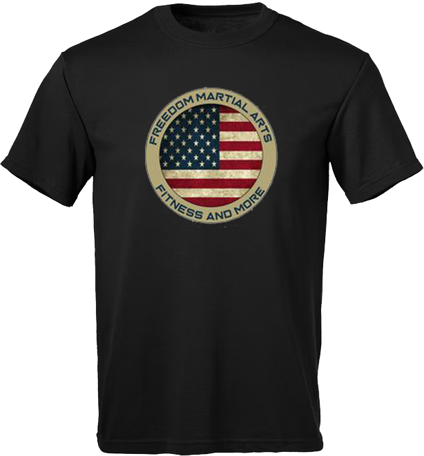a black t-shirt that says freedom martial arts fitness and more