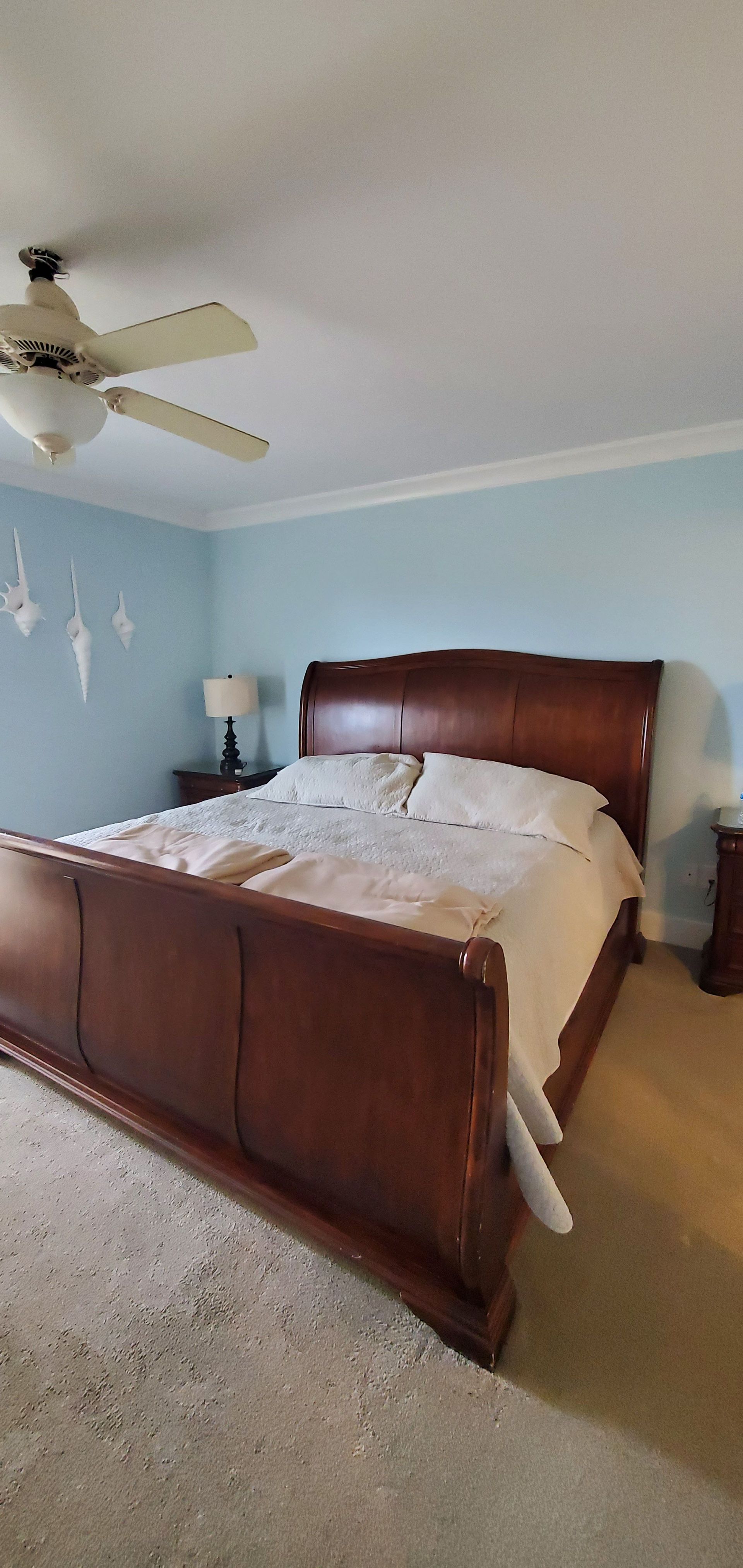 Bedroom with a wooden sleigh bed, light blue walls, carpet, ceiling fan, and bedside lamp.
