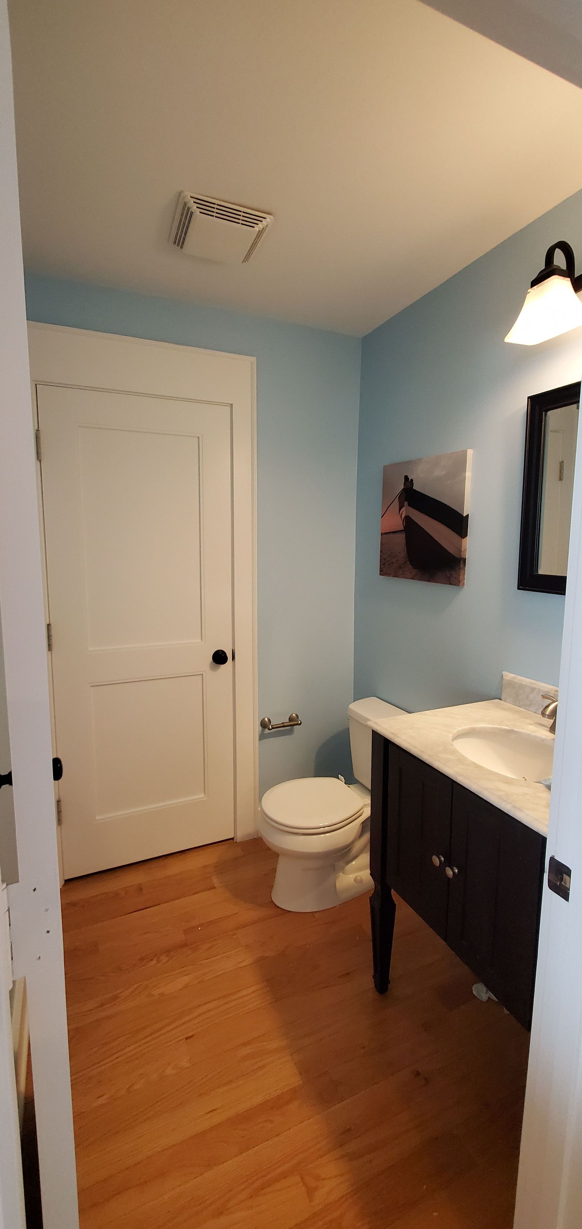 Small blue bathroom with white door, toilet, sink vanity, wall art, and a ceiling light.