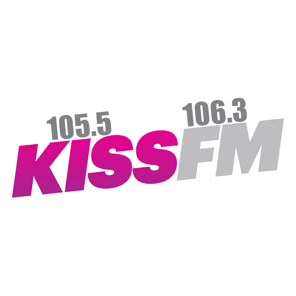 The logo for kiss fm is purple and white