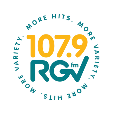 The logo for 107.9 fm rgv says more hits more variety