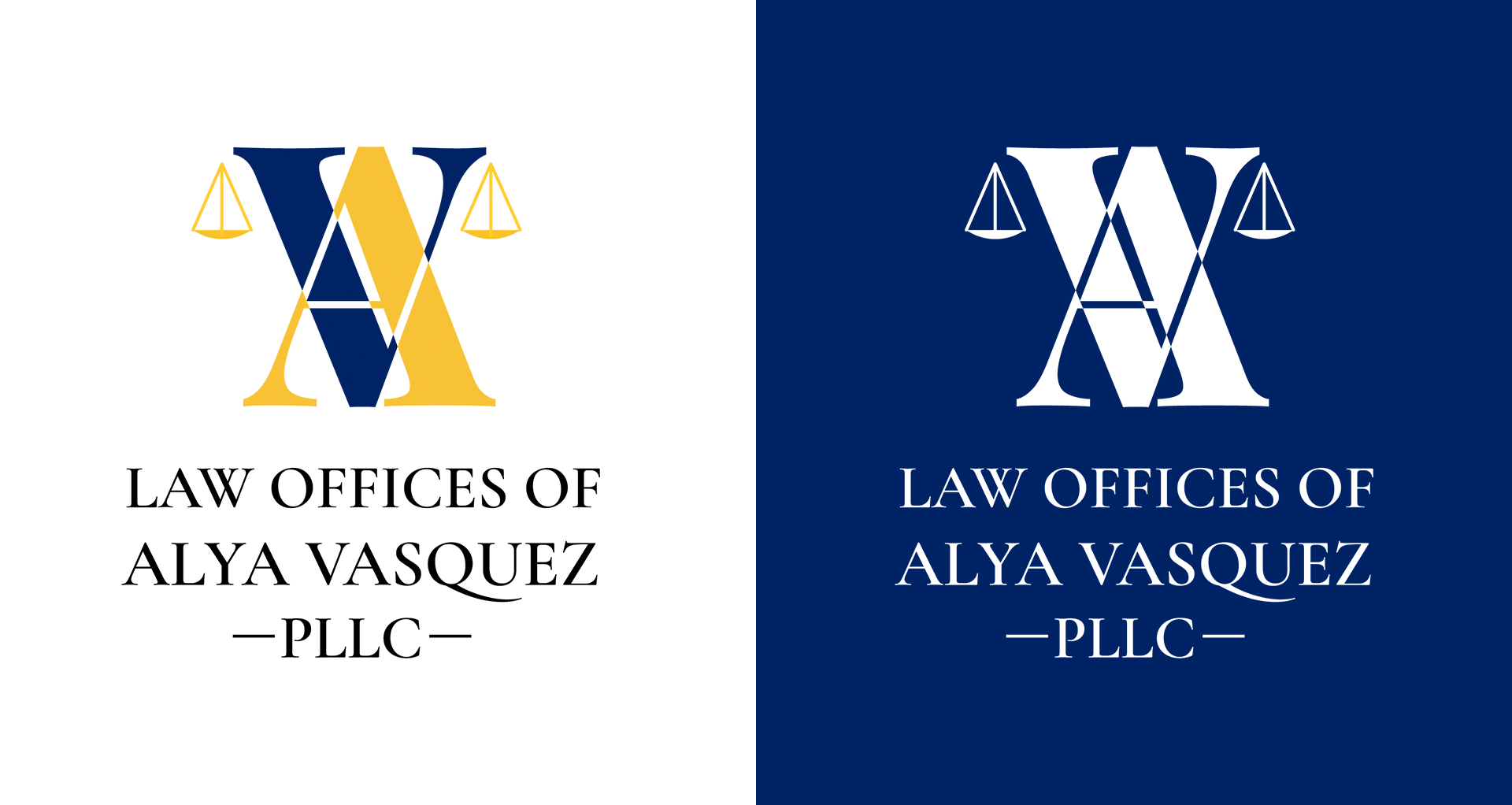 A blue and white logo for law offices of alya vasquez