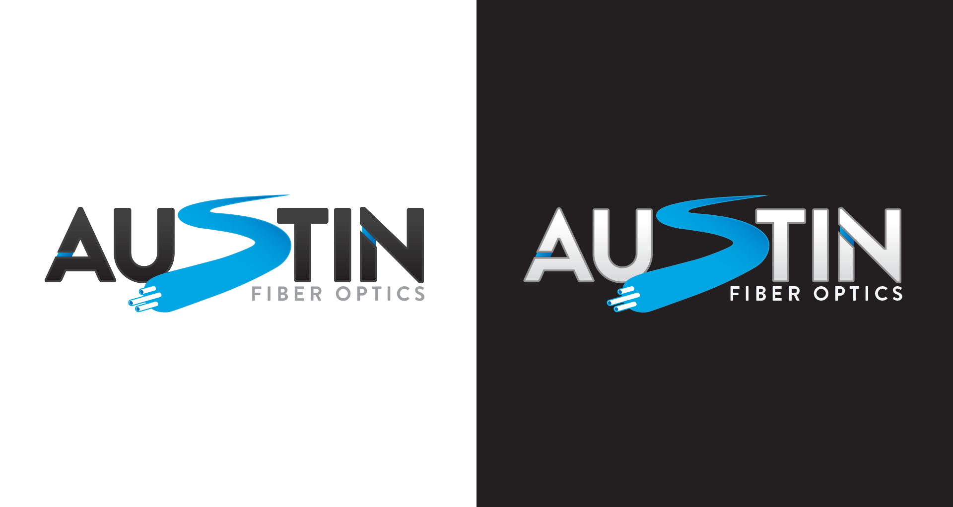 The logo for austin fiber optics is on a white and black background.