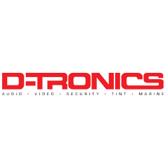 A red and black logo for dtronics audio video security tint marine