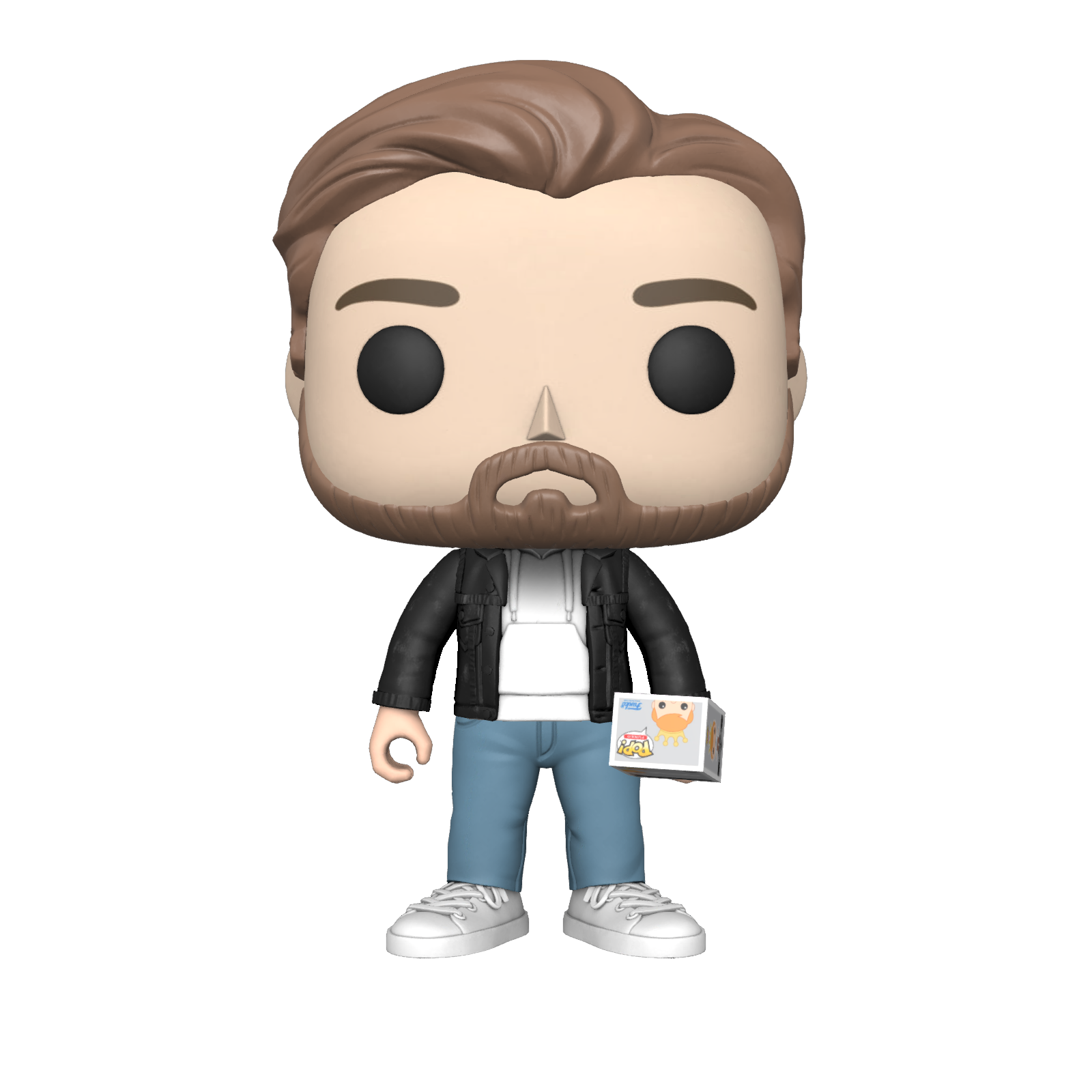A funko pop of a man with a beard holding a box.