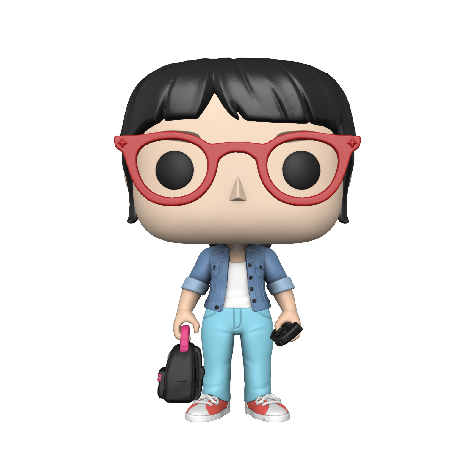 A funko pop of a girl wearing glasses and holding a backpack.
