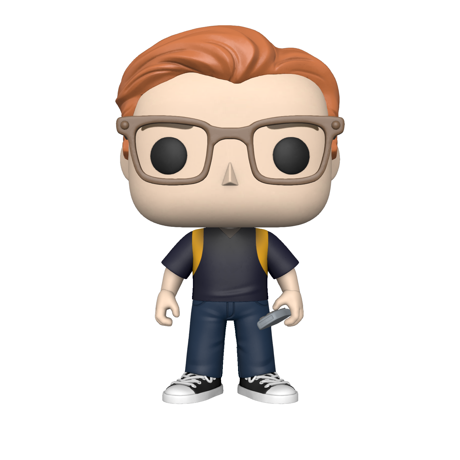 A funko pop figure of a boy with glasses and a backpack.