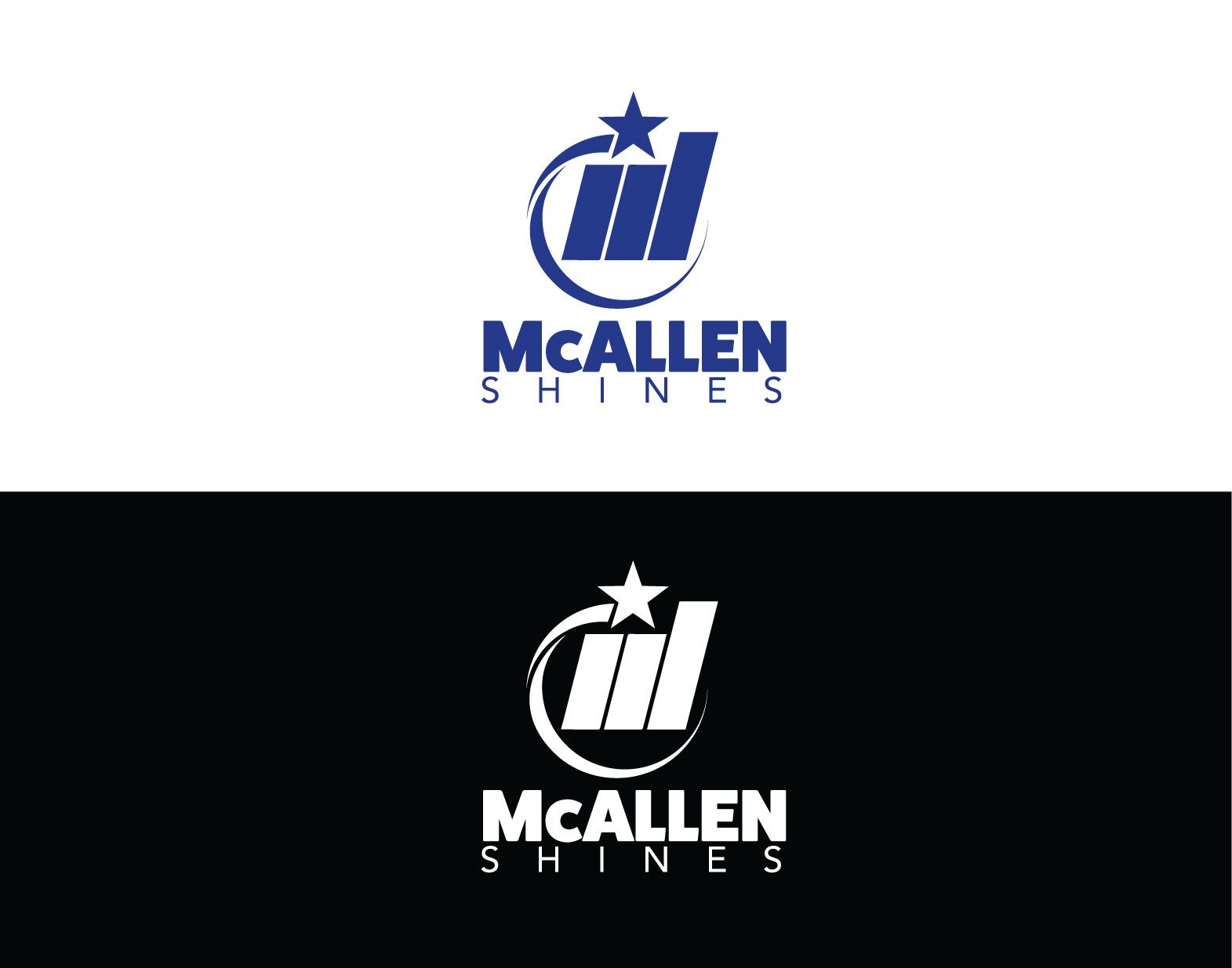 A logo for mcallen shines on a white and black background