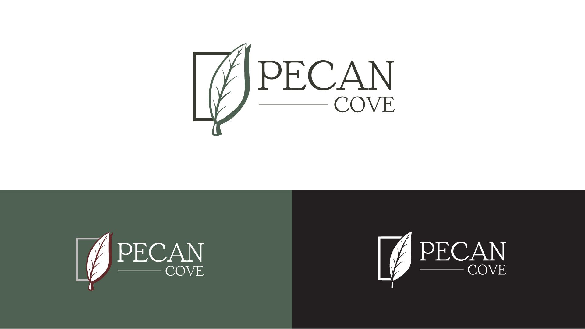 The logo for pecan cove has a feather in a square.