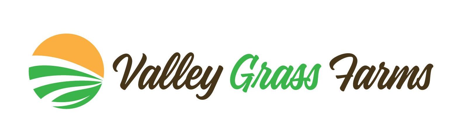 The logo for valley grass farms shows a field with a sun in the background.