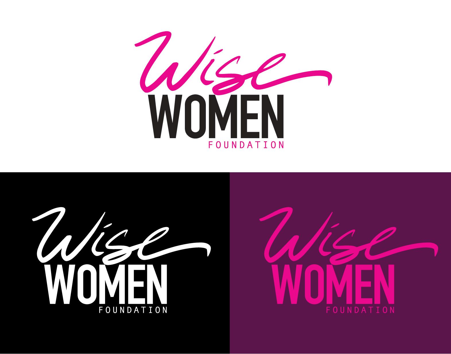 A logo for the wise women foundation on a black , white and purple background.