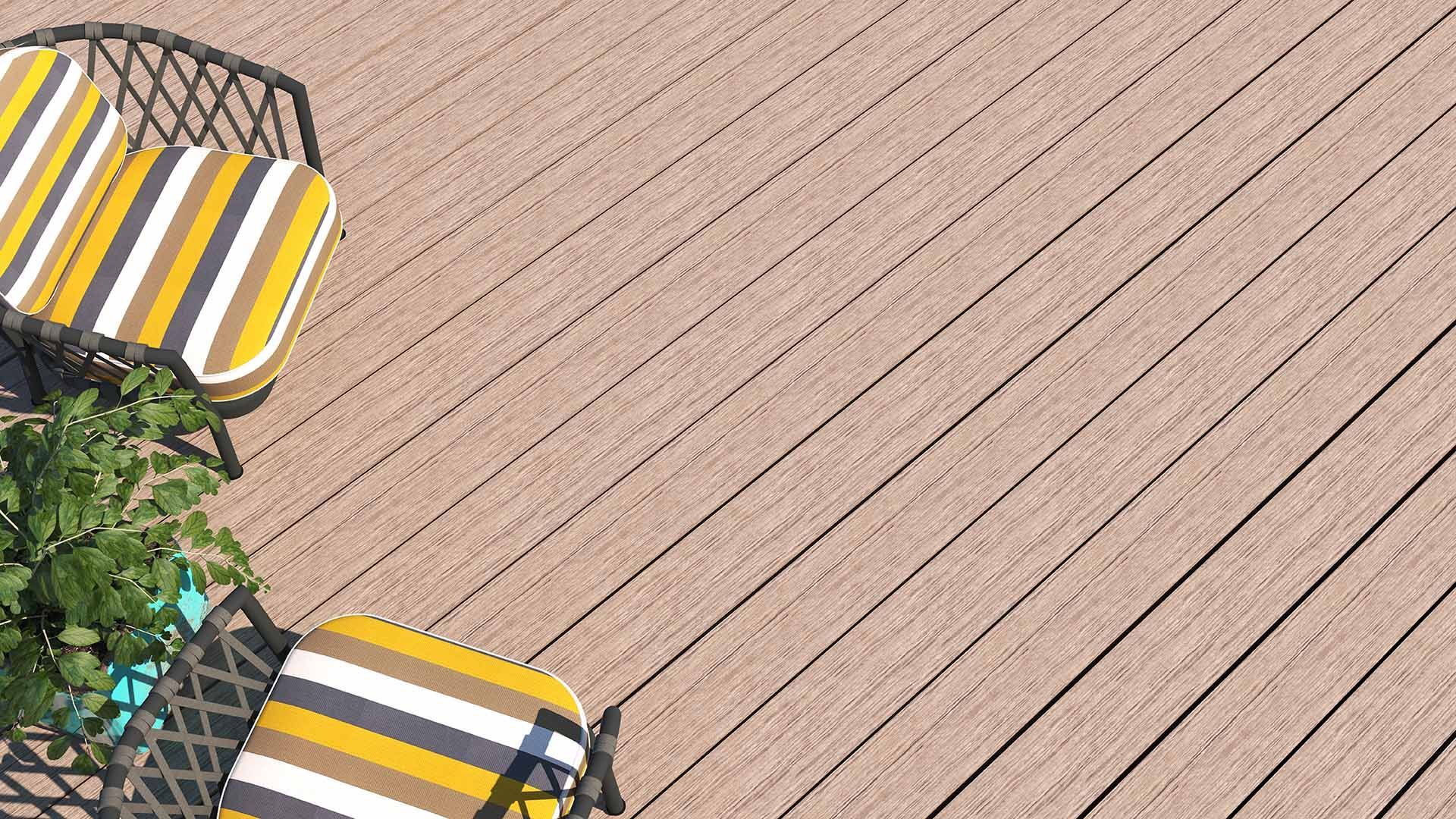 Two chairs with yellow and gray striped cushions are placed on a light wood deck Two chairs with yellow and gray striped cushions are placed on a light wood deck