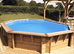 wooden decking with a swimming pool