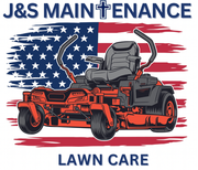 A logo for j & s maintenance lawn care with an american flag in the background