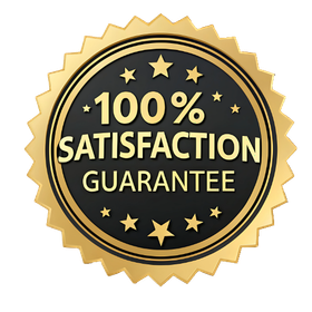 Gold seal badge with black center reading “100% Satisfaction Guarantee” in bold text.
