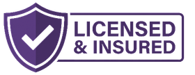 Purple shield checkmark badge with “Licensed & Insured” text