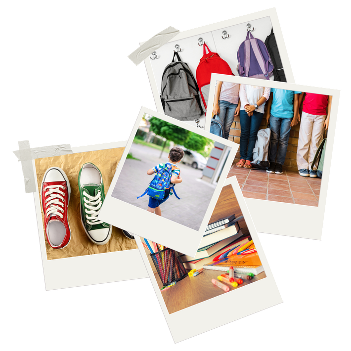 Collage of polaroid photos of school-aged kids, shoes, school supplies, and backpacks