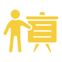 A yellow icon of a man standing next to a whiteboard.