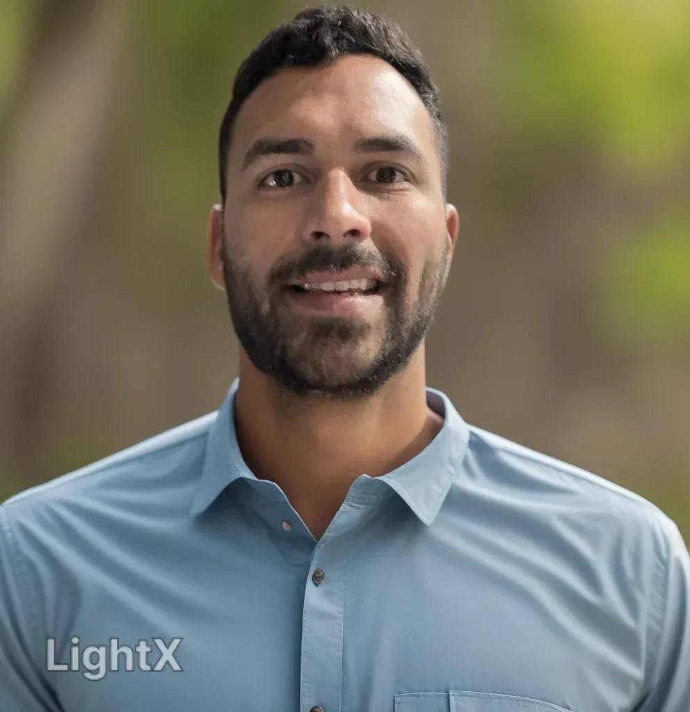 A man with a beard is wearing a lightx shirt