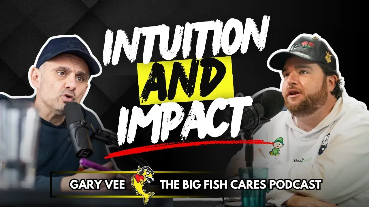 Two men are talking into microphones on a podcast called intuition and impact.