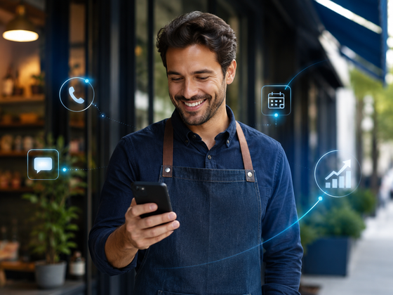 A man with an apron looking at a phone, with icons around him for phone, text, calendar, and growth