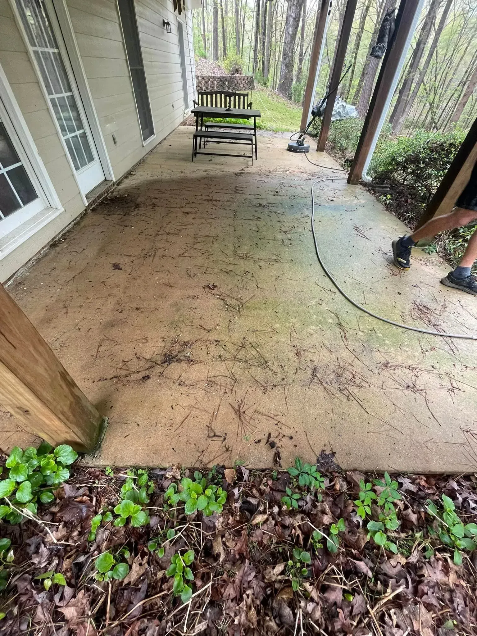 Concrete patio covered in debris, with a bench, surrounded by trees and a person using a pressure washer.