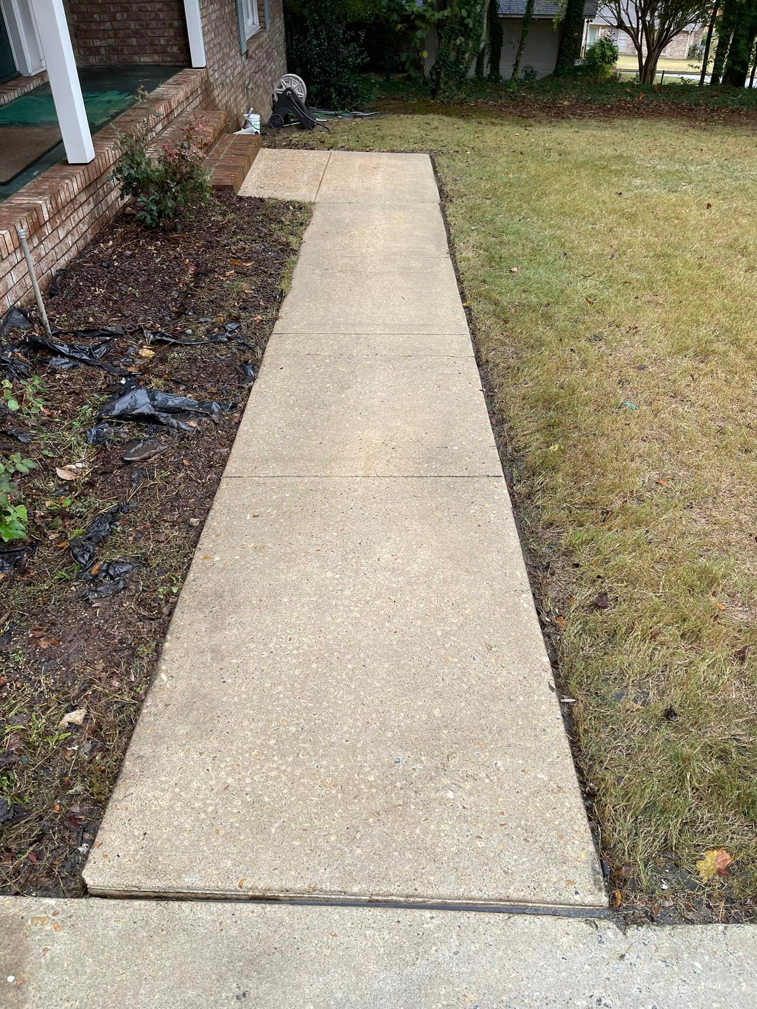 Concrete walkway leading to a house, flanked by mulch beds on the left and grass on the right.