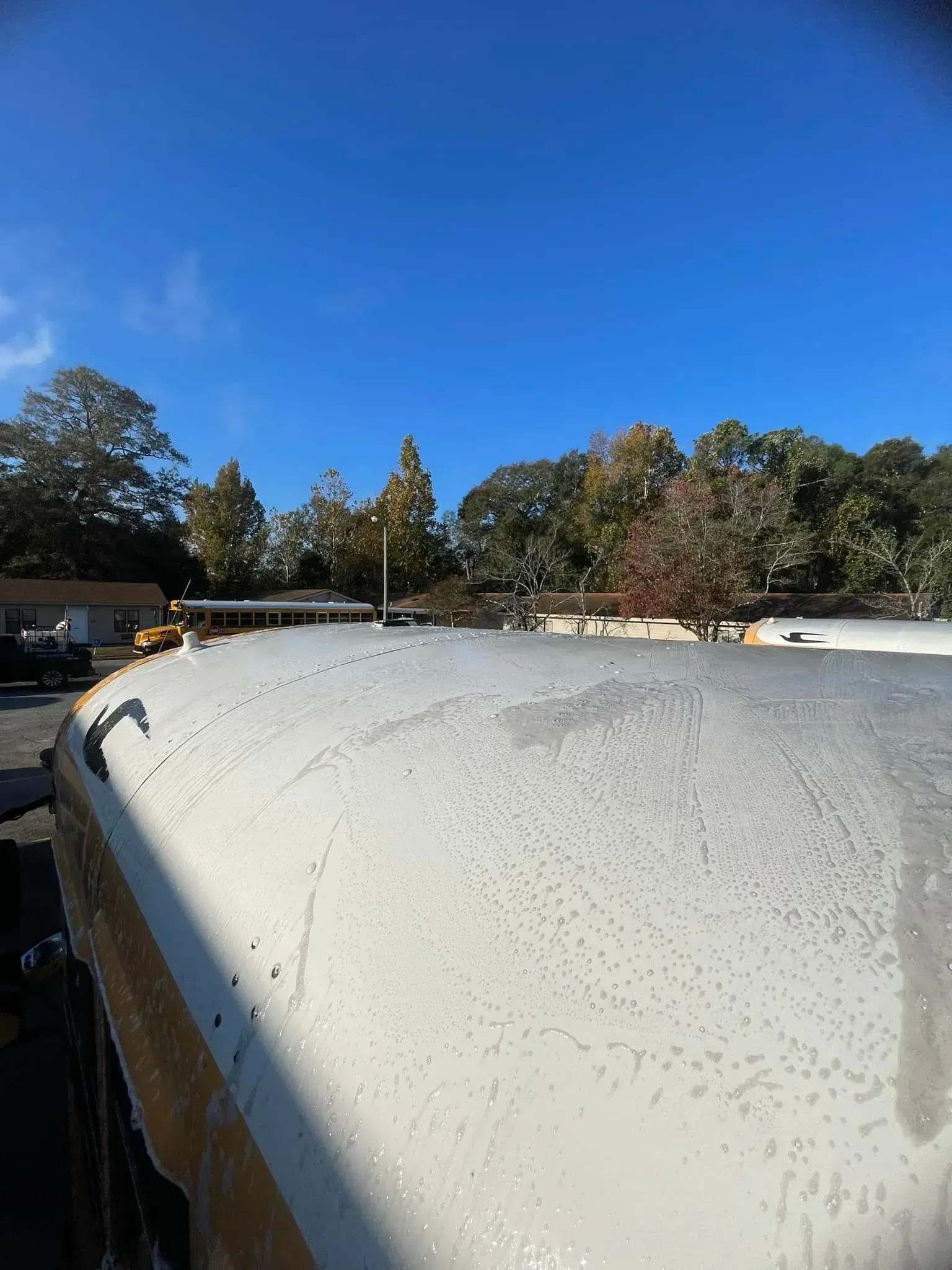Top of a school bus with water droplets, blue sky, trees in background.