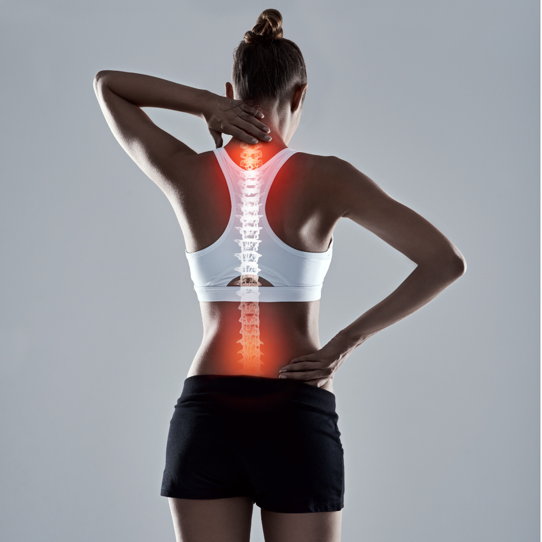 A woman is holding her neck and back in pain . the spine is highlighted in red.