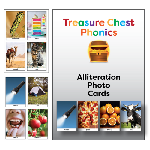 Alliteration photo cards: caterpillar/cake, camel/cat, flashlight/tent, teeth/tomatoes, flashlight/pizza, oranges/cow.