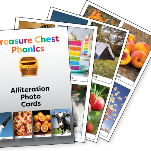 Alliteration photo cards: caterpillar/cake, camel/cat, flashlight/tent, teeth/tomatoes, flashlight/pizza, oranges/cow.
