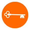 White key icon inside an orange circle.